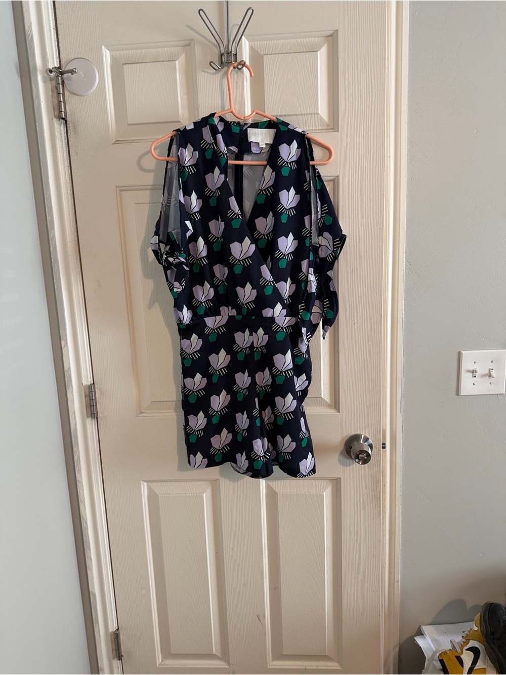 Mare Mare Anthropology Navy Floral Print Cold-Shoulder Romper with pockets